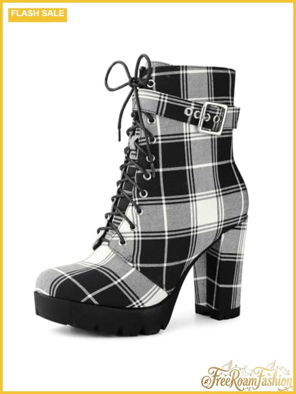 Plaid Platform Lace Up Chunky Heel Combat Boots for Women